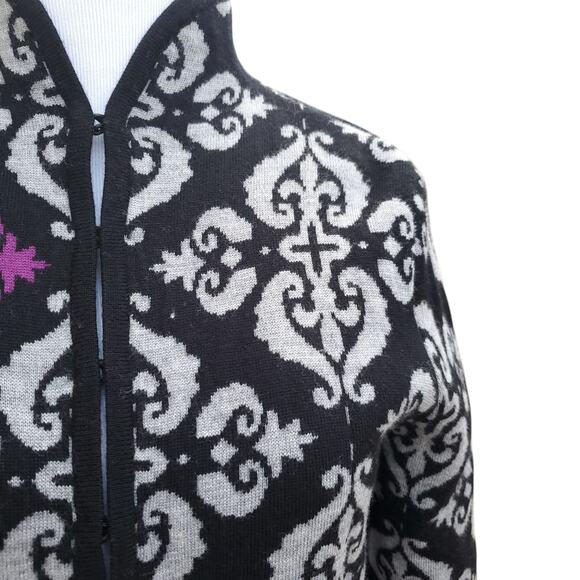NEVE Geometric Wool Cardigan Jacket Hook Eye Notched Back Black Gray Purple Sz S - Picture 6 of 16